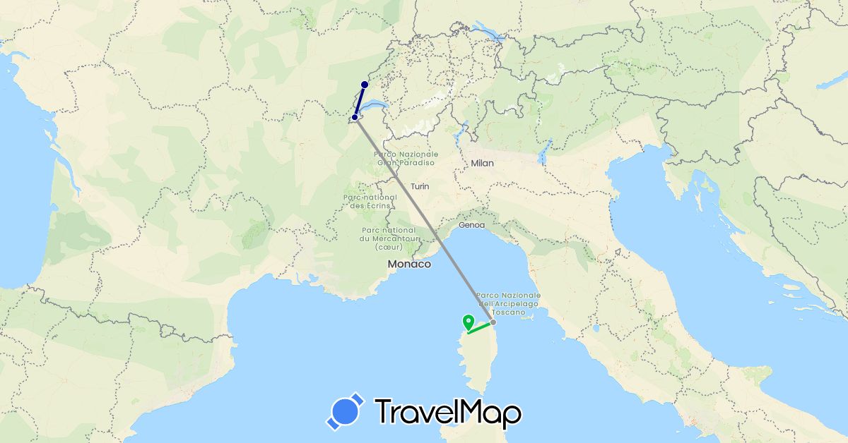 TravelMap itinerary: driving, bus, plane in Switzerland, France (Europe)